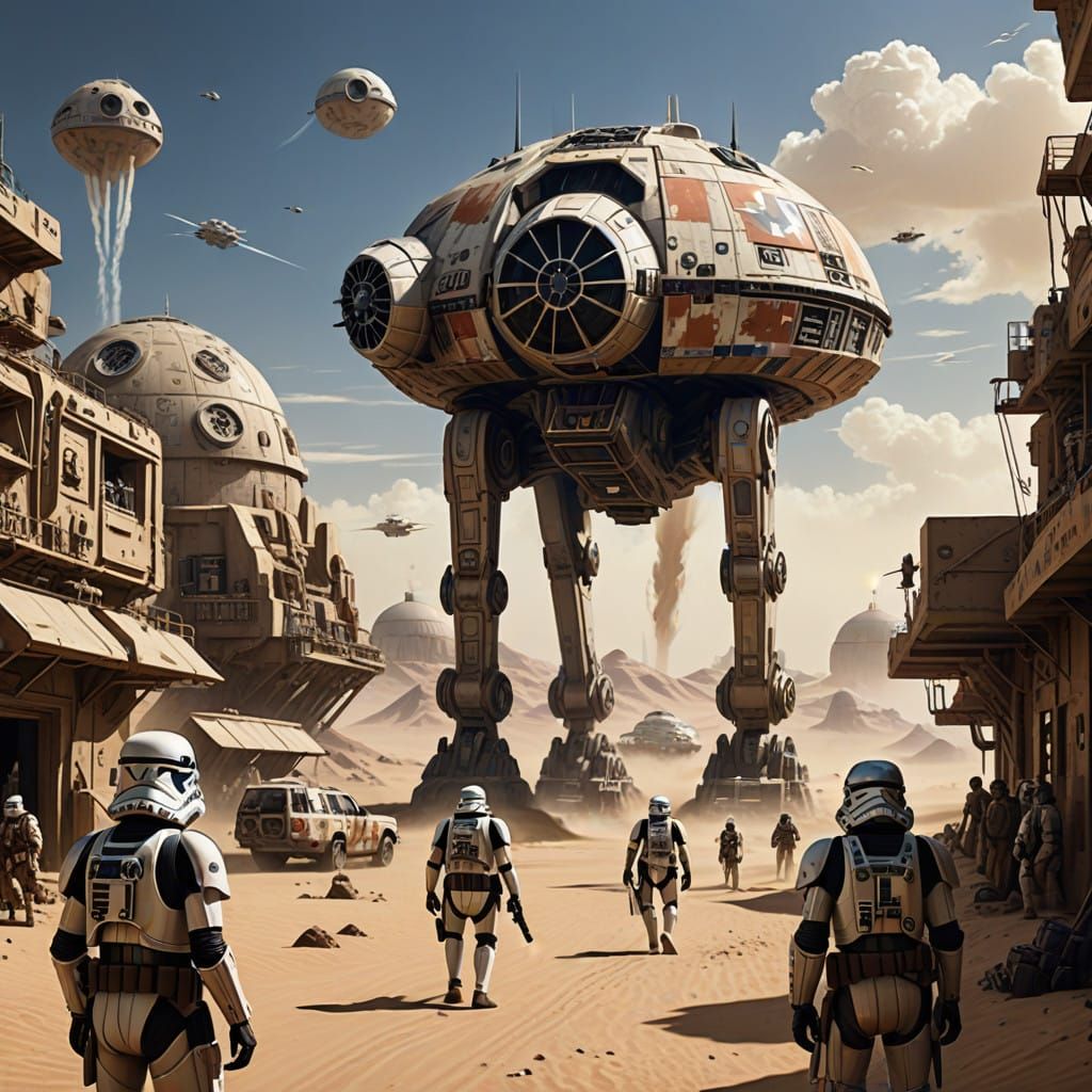 Star Wars-Style Spaceship Takes Off from Mos Eisley in Dusty...