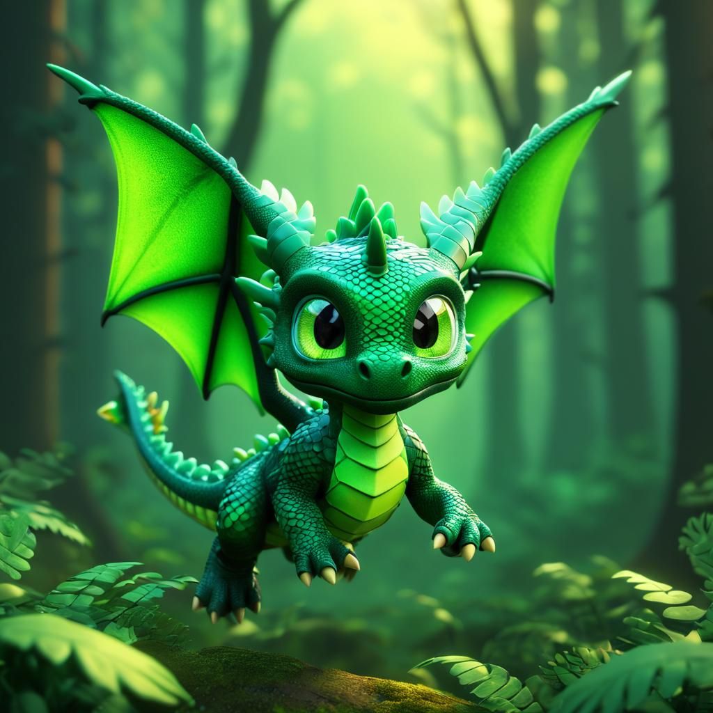 Cute Green Dragon Flying, Pixar-Style 3D Art
