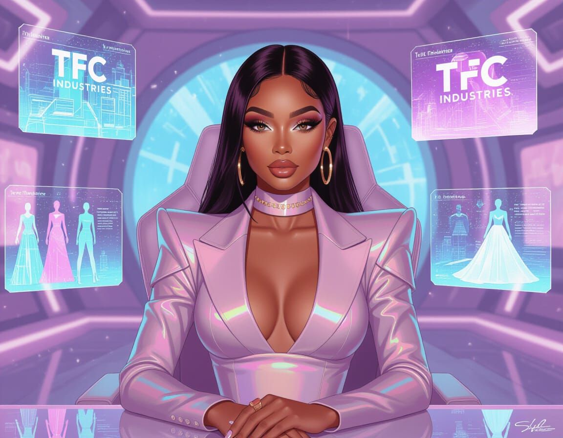 Futuristic Fashion Mogul in Pastel Control Room