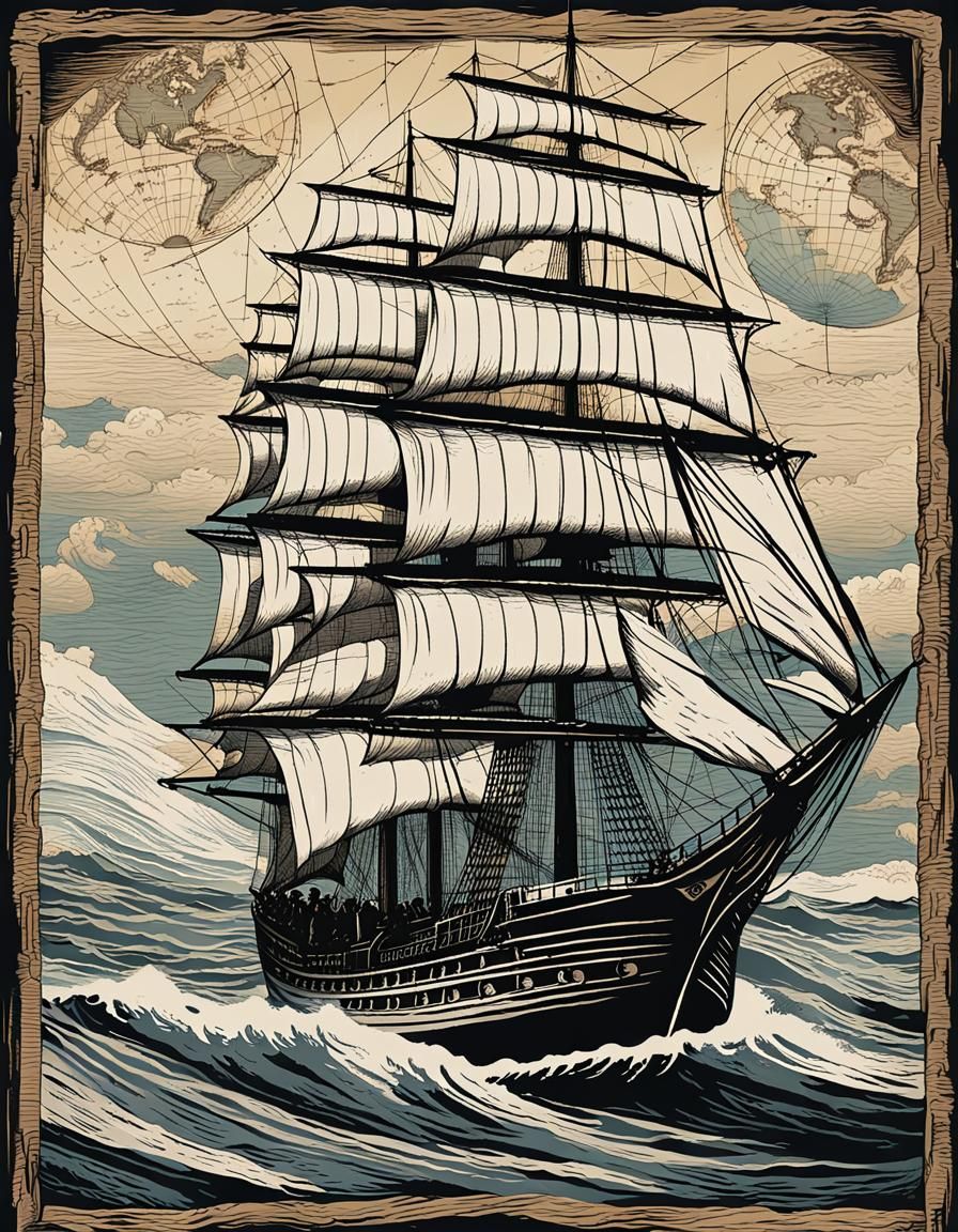 Clipper Ship on High Seas: Woodcut Print