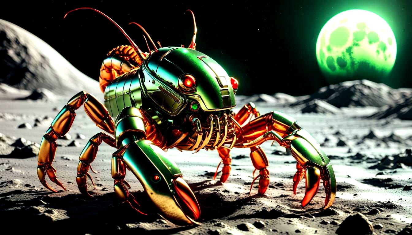 Green Robot Lobster on the Moon in 4K