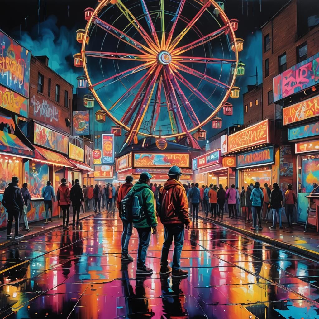 Vibrant Graffiti Carnival Art with Neon Lights