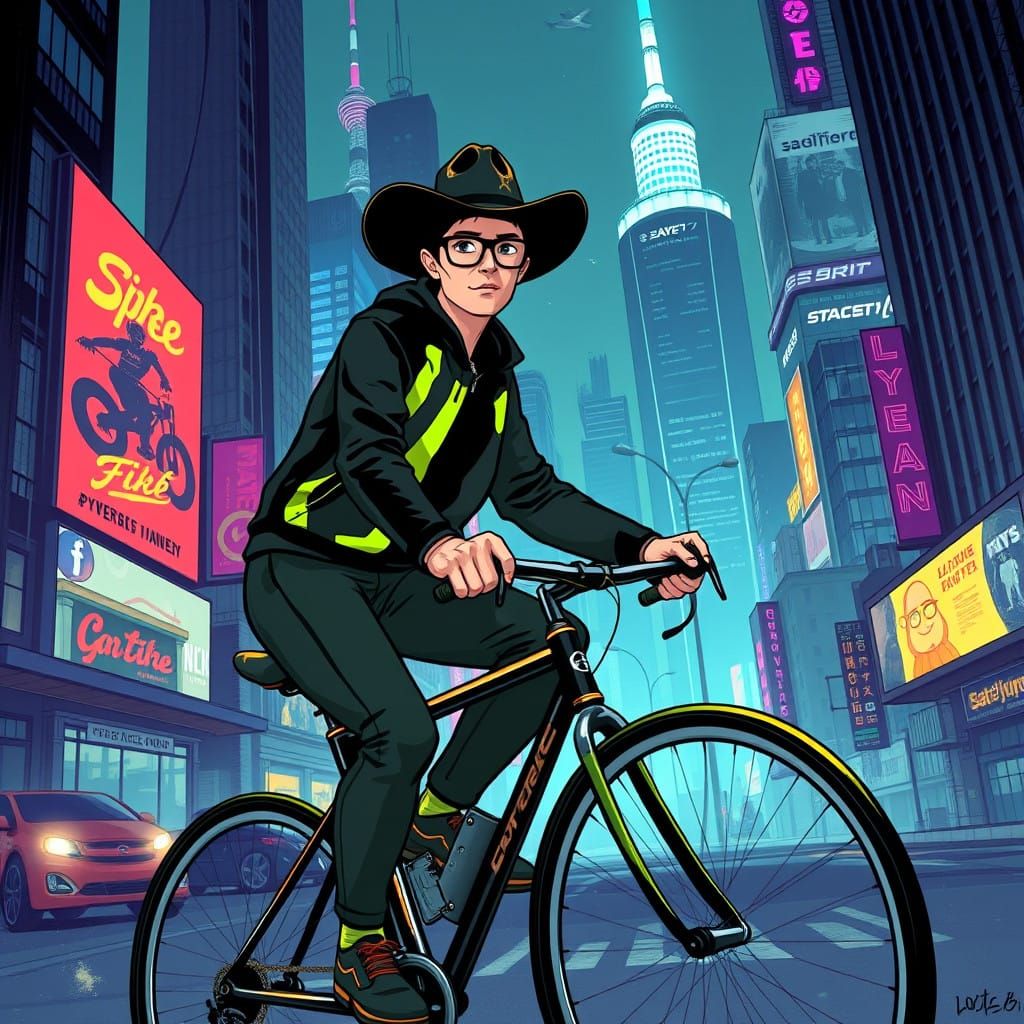 Cyberpunk Fixie Cyclist in Neon-Lit Cityscape