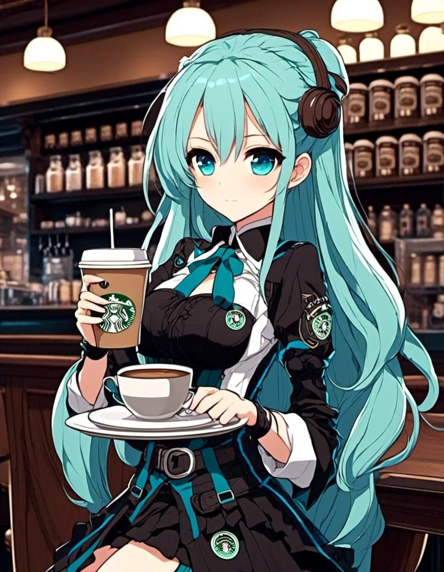 Cute chibi anime girl, Starbucks themed Victorian clothes, holding coffee cup in coffee bistro <lora:Gridimation:1.0>