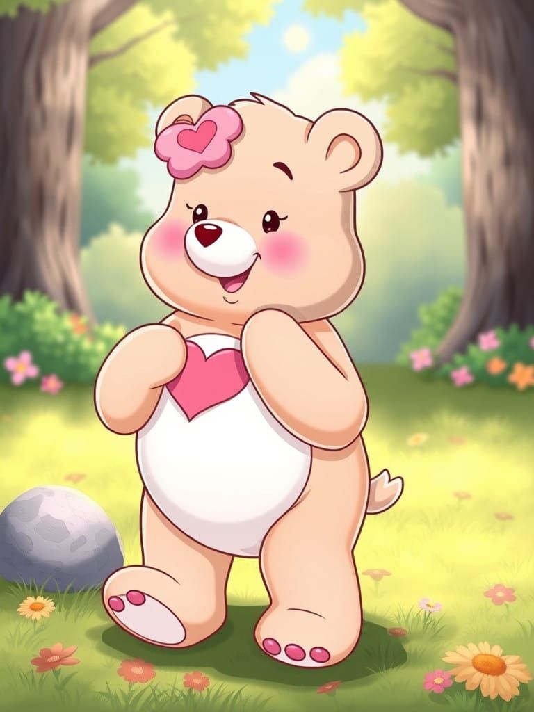 Winnie the Pooh as a Colorful Care Bear in Vibrant Anime Sty...