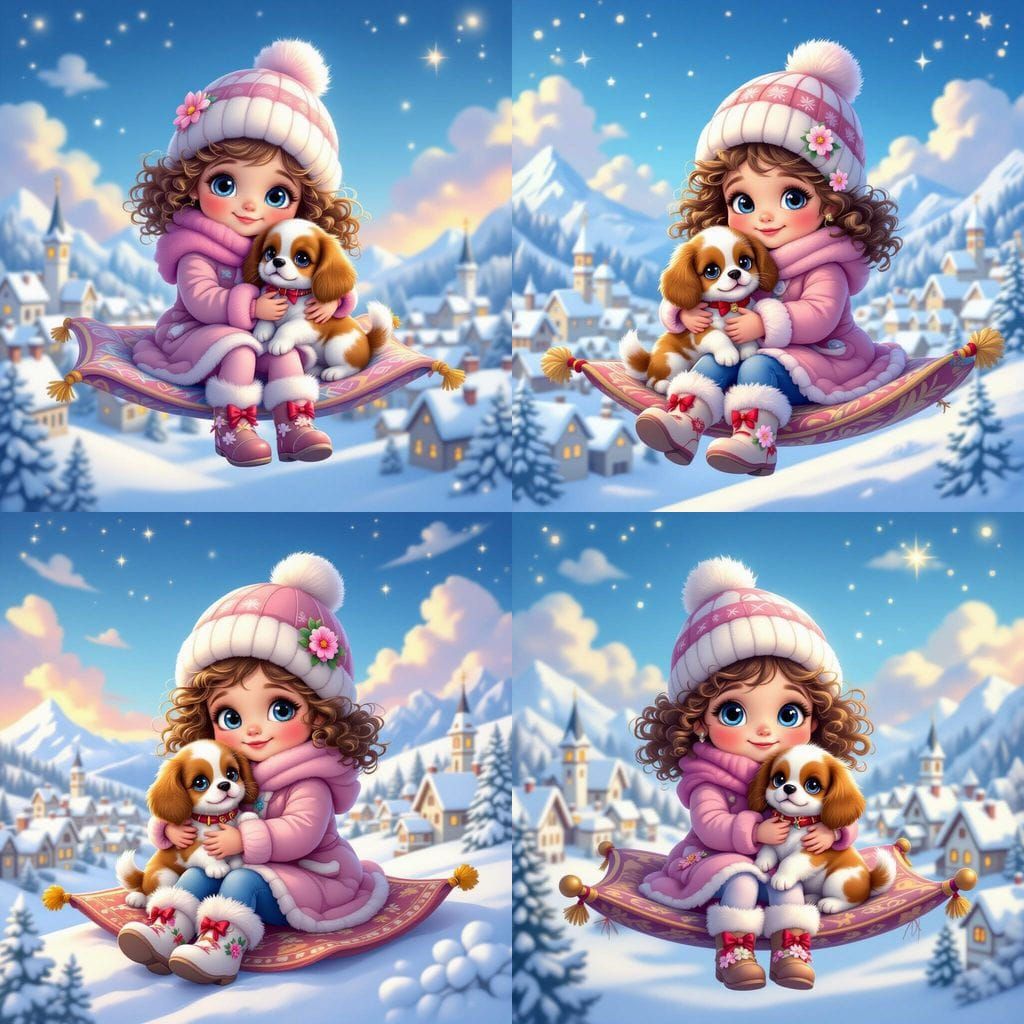 Girl and Puppy Fly Over Snowy Village in Winter