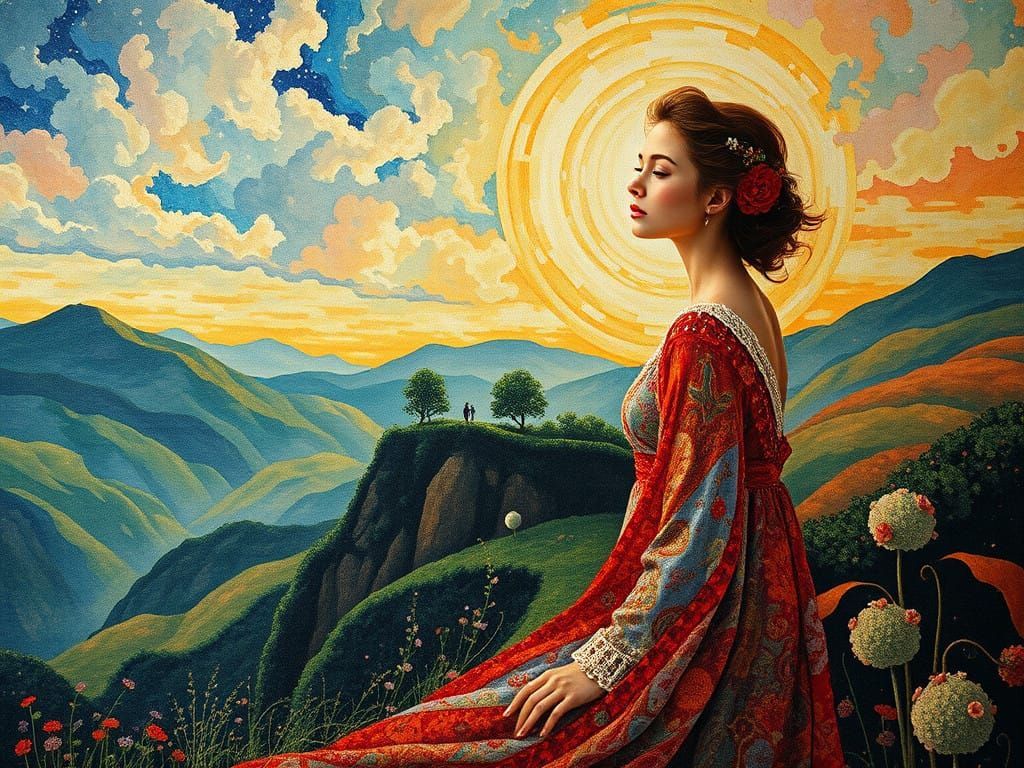 Woven Tapestry Surrealism beautiful ethereal klimt woman stunning landscape masterpiece