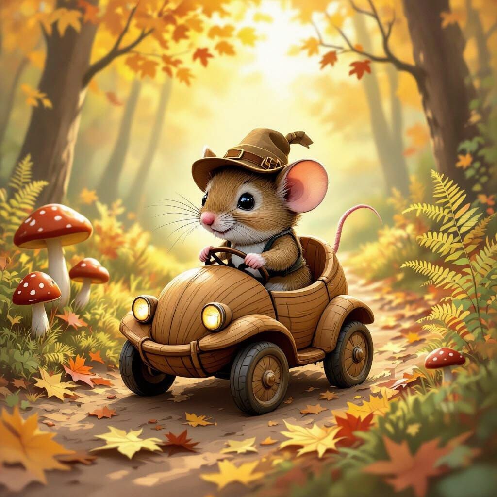 Mouse Explorer Drives Walnut Car Through Autumn Forest