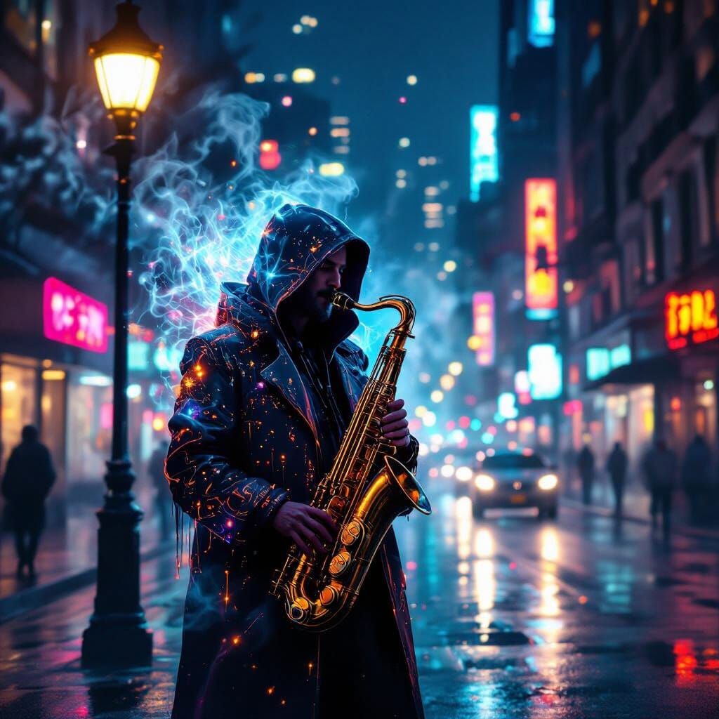 Astral Musician with Saxophone Under Neon Streetlamp