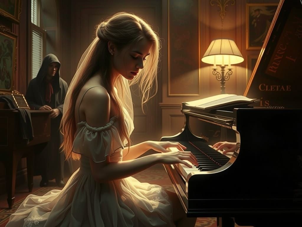 Ethereal Piano Muse in Mystical Atmosphere