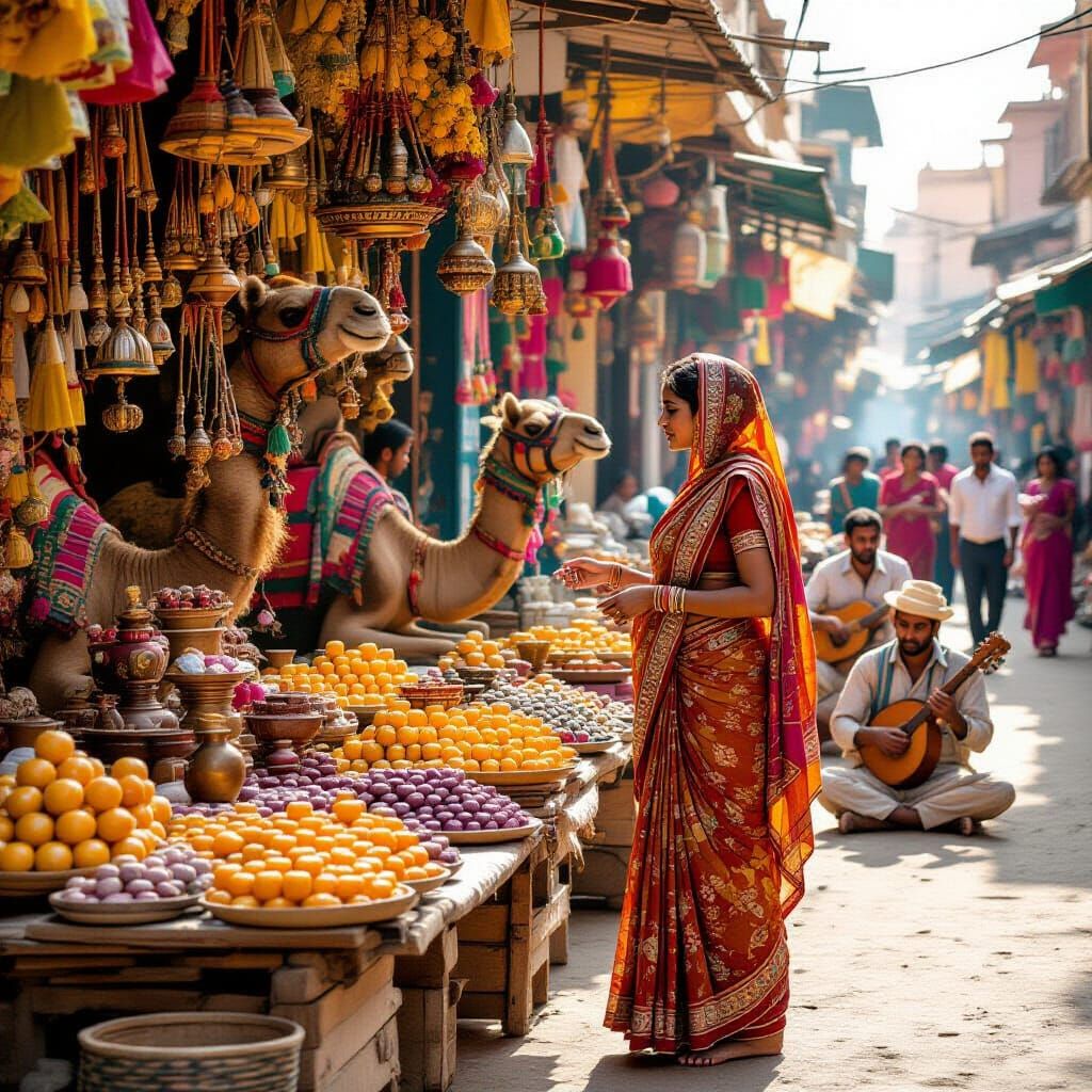 Rajasthan Market Scene in Earthy Folkloric Style