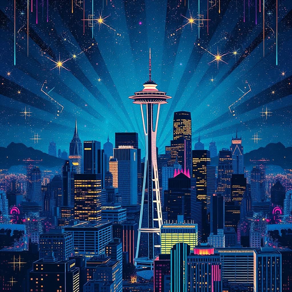 Abstract Constellation with Glitch Effects and Cityscape