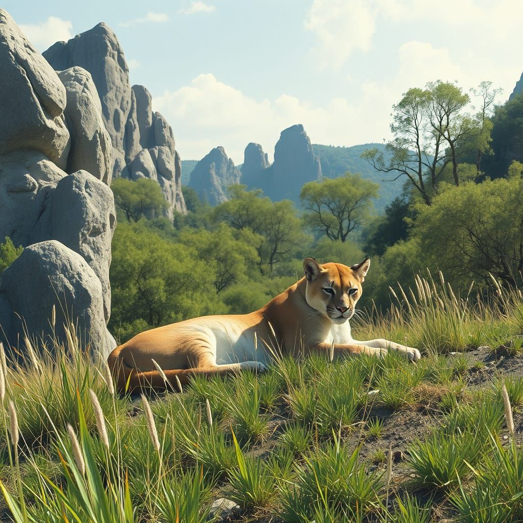 Surreal Puma in a Sunny Meadow with Granite Rocks and Low Tr...