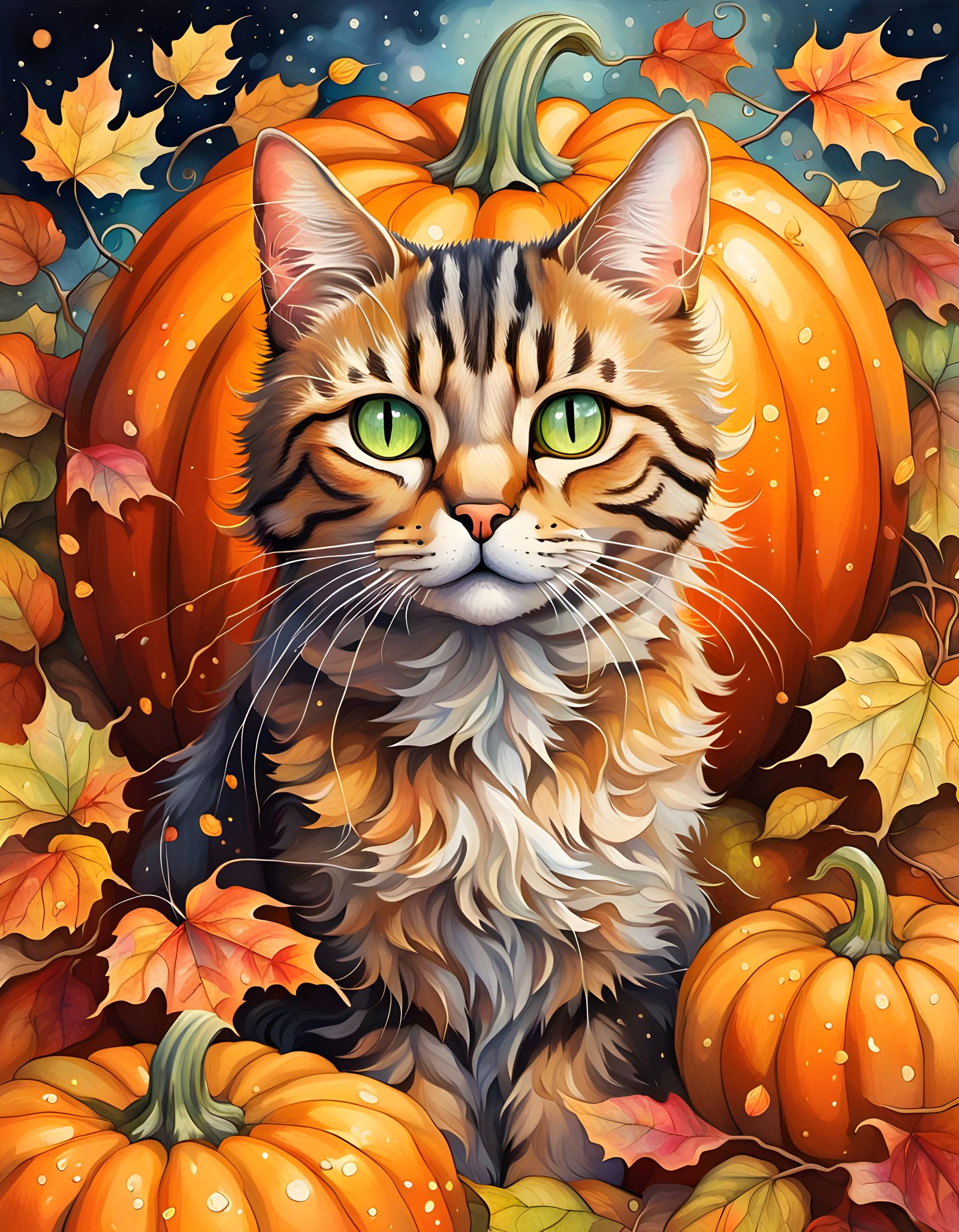 Tabby Cat Portrait Inside a Pumpkin, Mystical Art