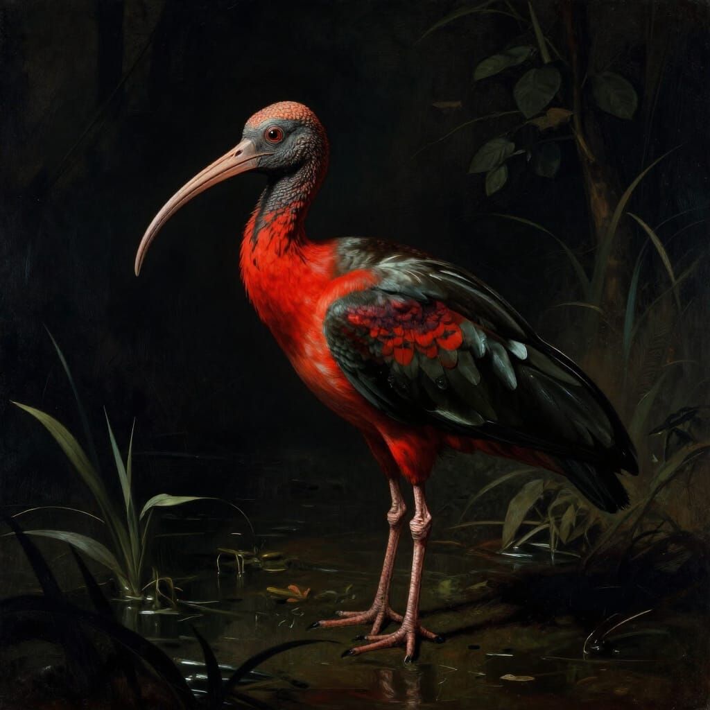 Dramatic Chiaroscuro Ibis in Mysterious Swamp