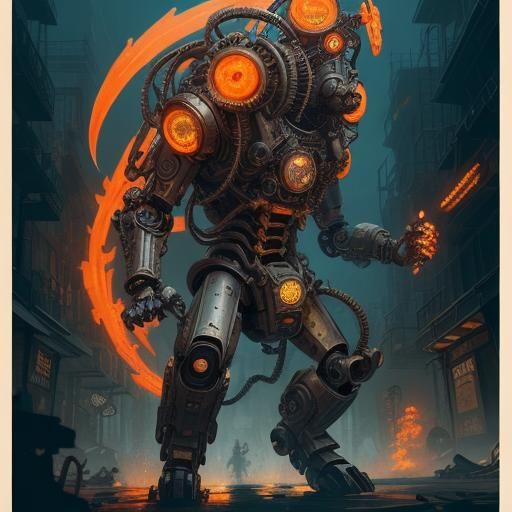 Steampunk Octopus Battles Warrior in Hokusai Ink Style