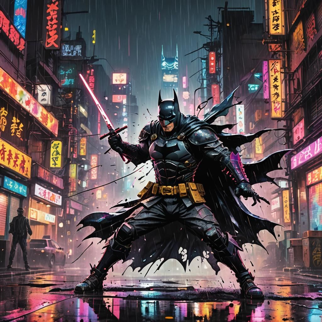 Batman Samurai in Neon Tokyo: Ink Splatter Art