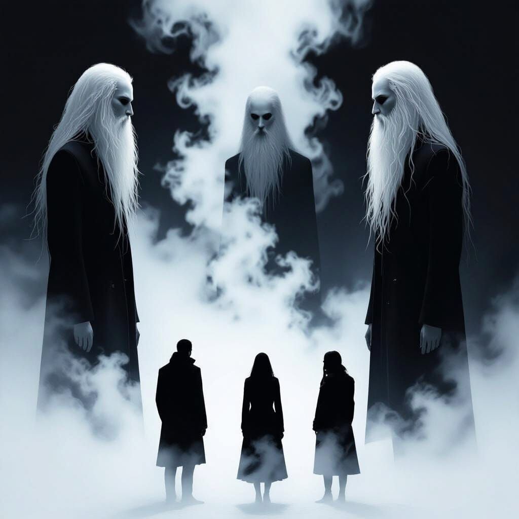 Tall Humanoids in Fog: Hyper-Realistic Abstract Art