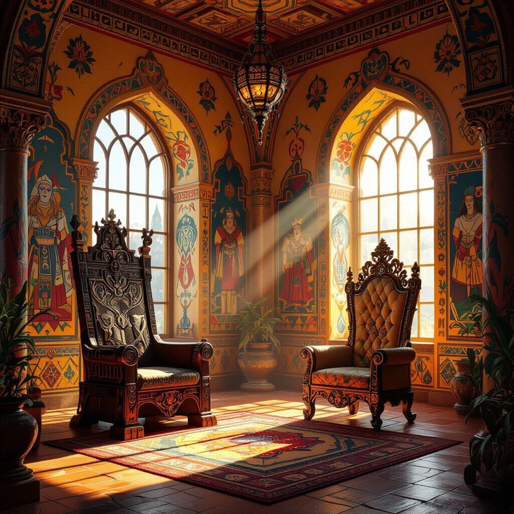 Norse Mexican Castle Interior with Mythological Art