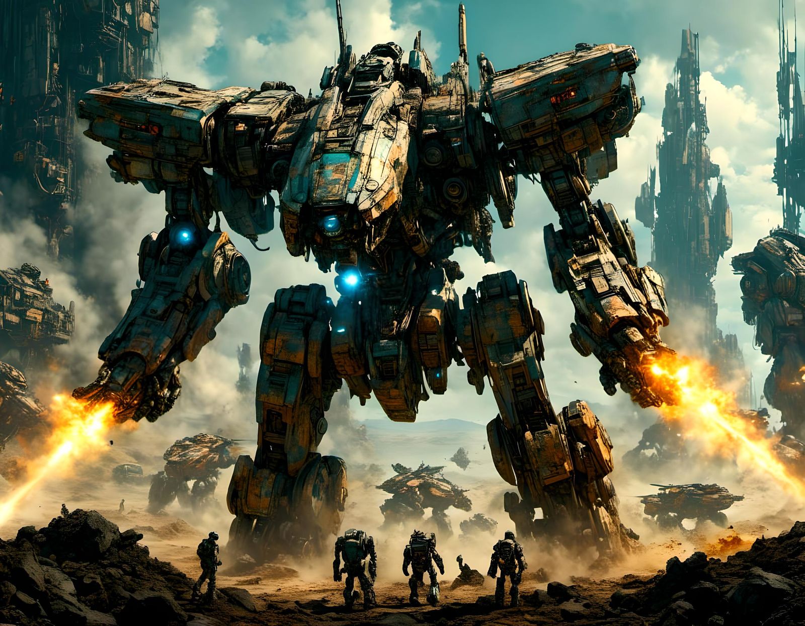 Epic Mecha Robot Battle in Grim Sci-Fi Style