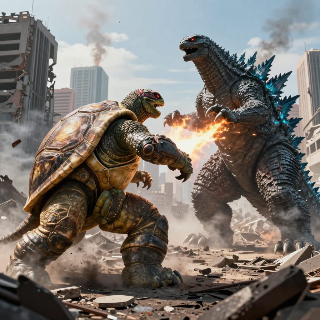 Gamera vs Godzilla: Colossal Battle in Ruined City