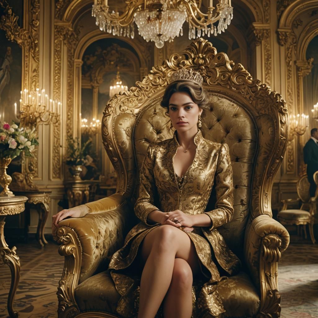 Queen on Royal Chair in Lavish Baroque Palace