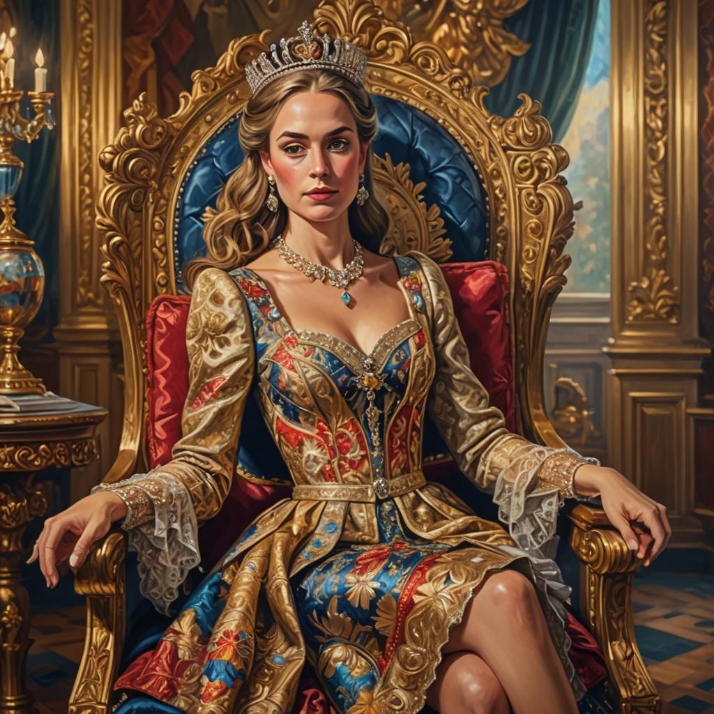 Queen in Mini Skirt: Vibrant Oil Painting Portrait