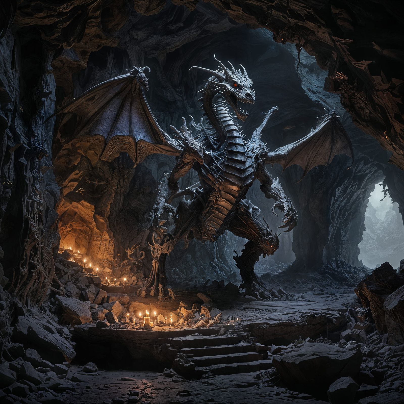 Enormous Bone Dragon in Lavender Lit Cavern