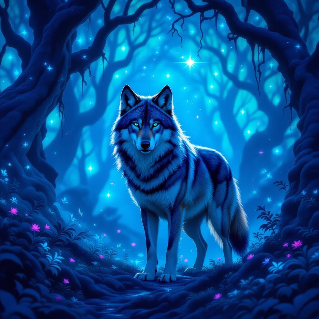 Moonlit Wolf in Enchanted Forest Digital Painting