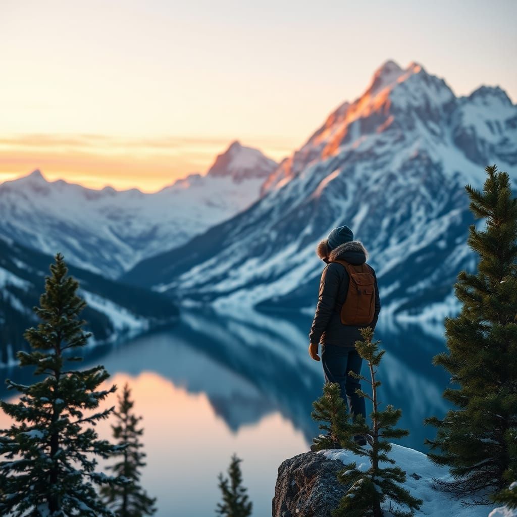 Serene Hiker Gazes at Majestic Sunrise Mountains