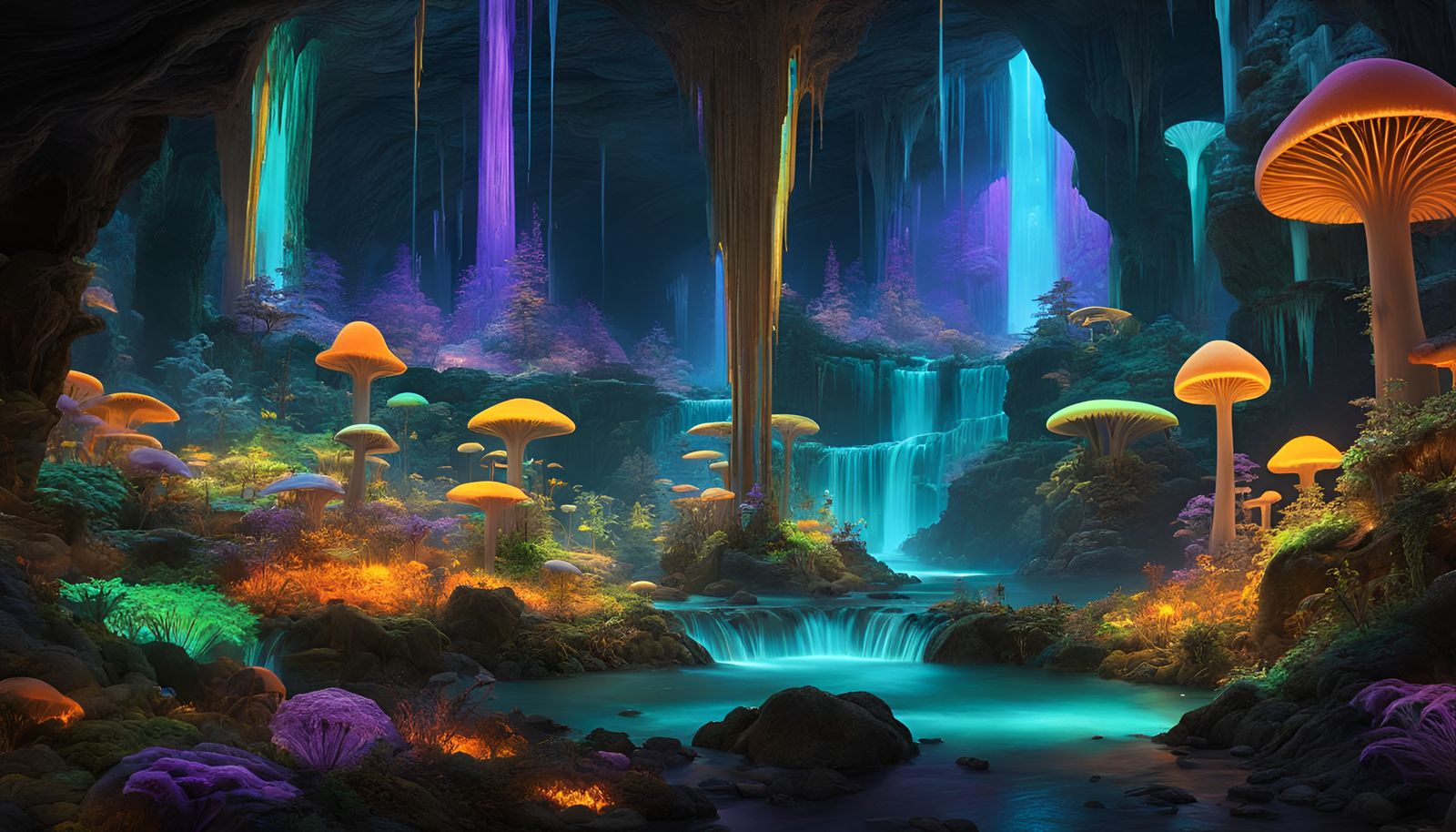 Bioluminescent City in Underground Cavern