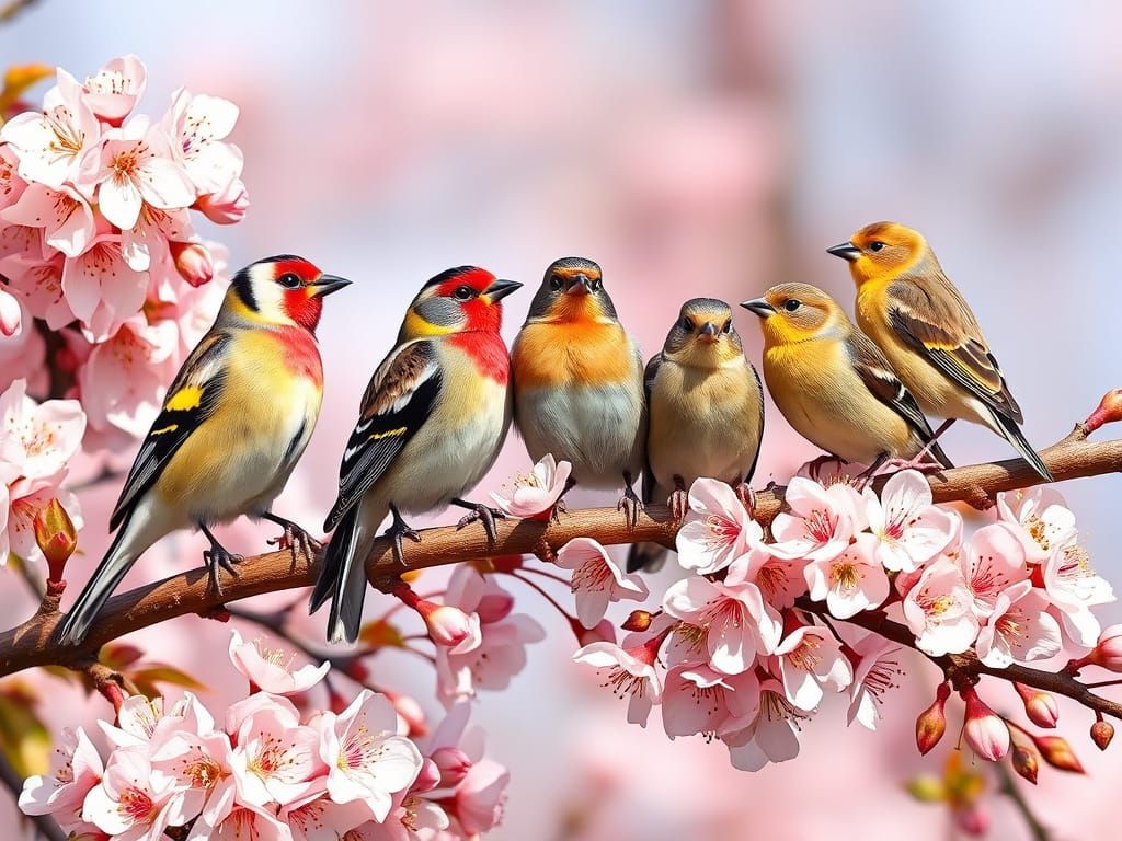 Birds Gather in Vibrant Cherry Blossom