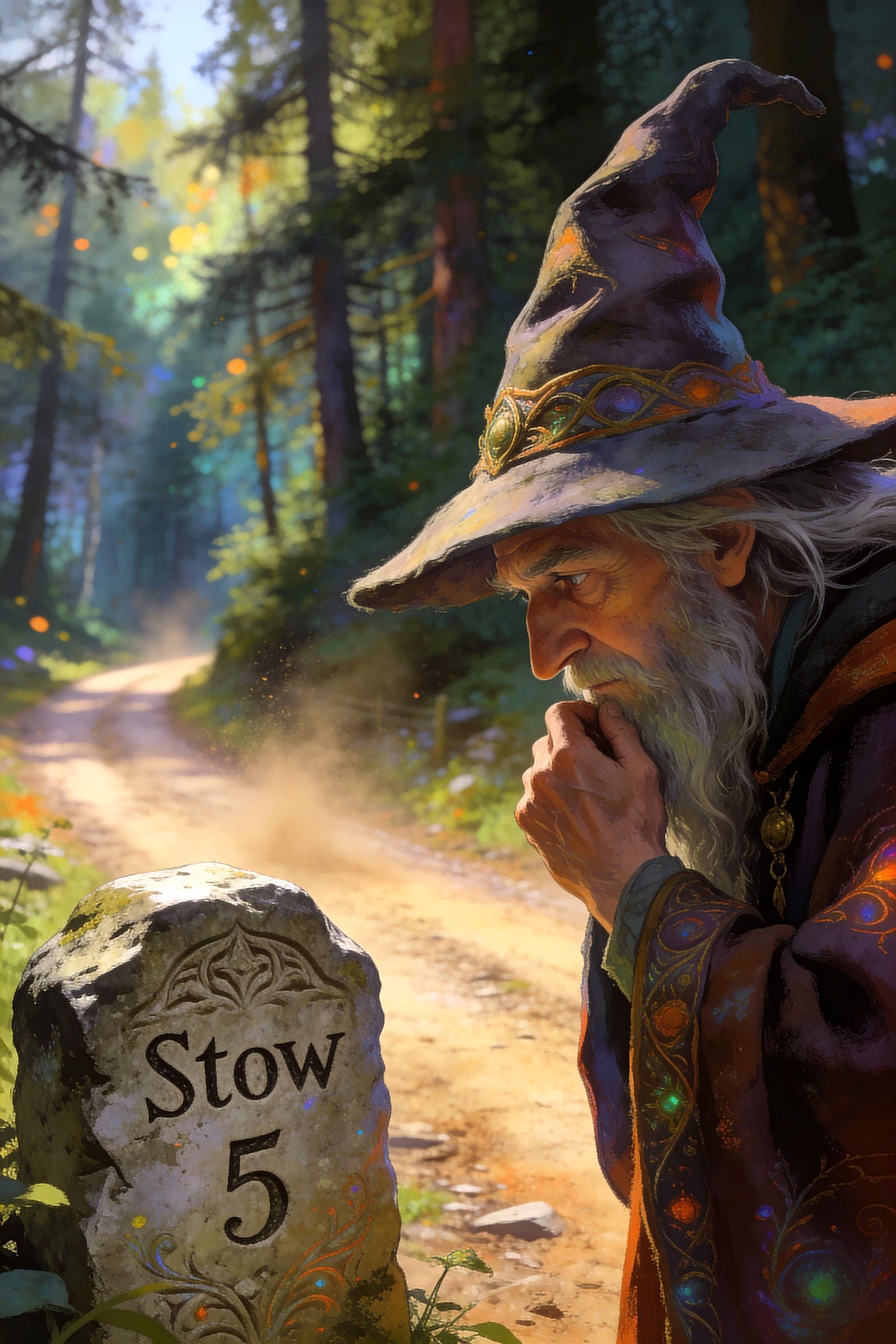 Wizard Contemplates Milestone on Mystical Forest Road