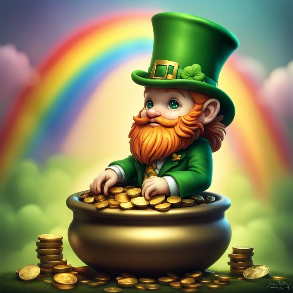 Chibi Leprechaun on Pot of Gold Illustration