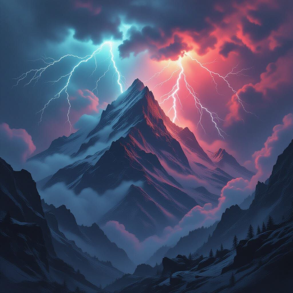 Mountain Avalanche Under Red Mist in Dramatic Style
