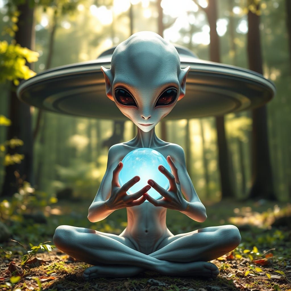 Meditative Alien in Serene Forest Landscape