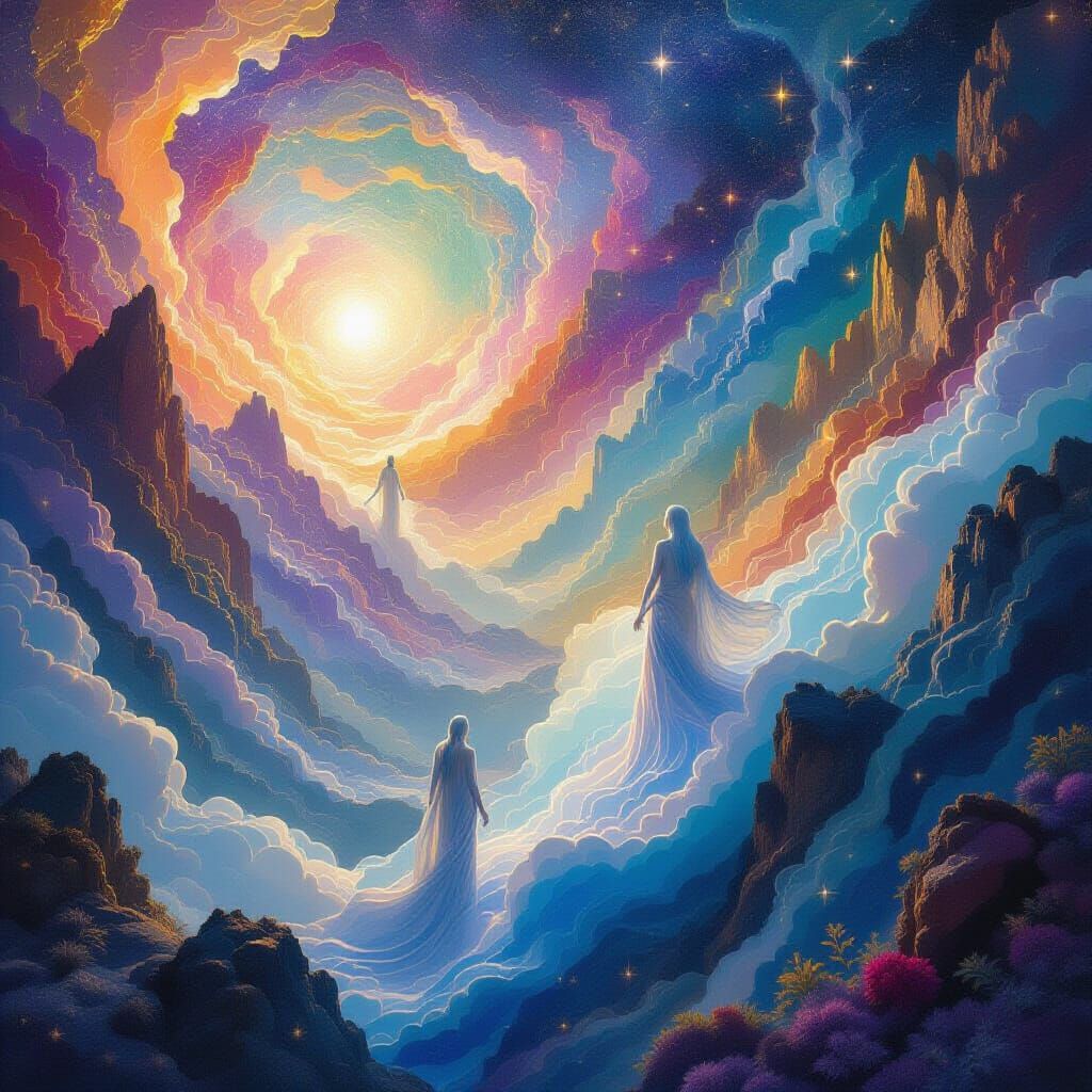 Cosmic Dreamscape with Ethereal Figures and Watercolor Galax...