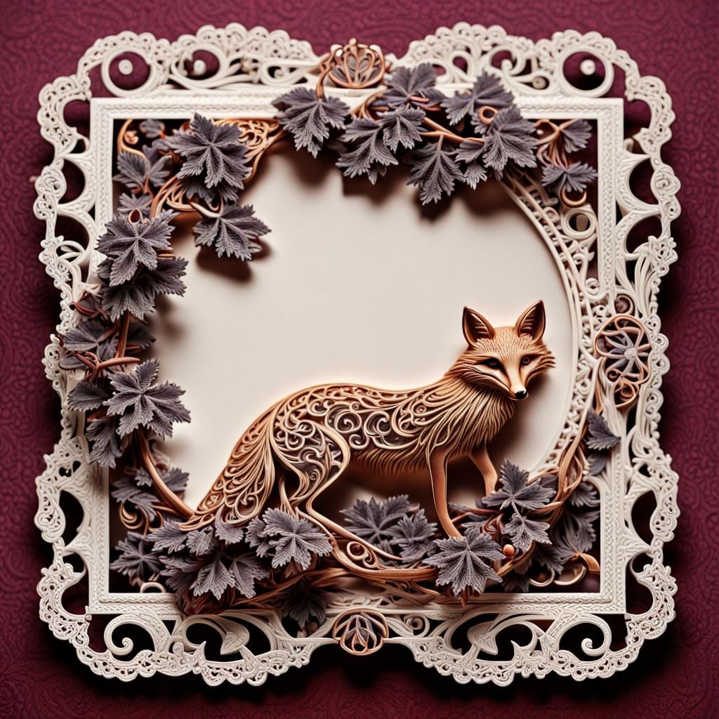 Fox and Grapes on Lace Card in HDR