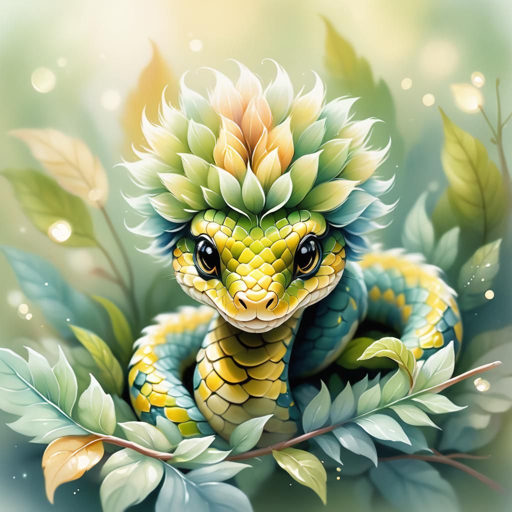 Adorable Furry Baby Snake in Whimsical Watercolor Style
