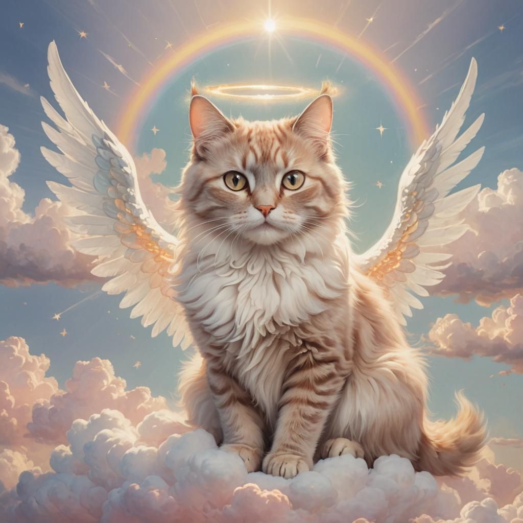 Winged Cat with Halo in Dreamy Pastel Hues