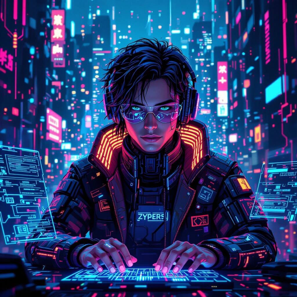 Cyberpunk Coder Portrait in Neon Cityscape