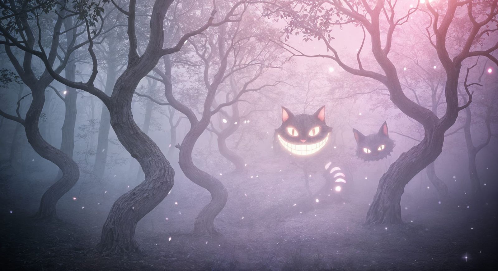 Mischievous Cheshire Cat Grin in Enchanted Foggy Forest