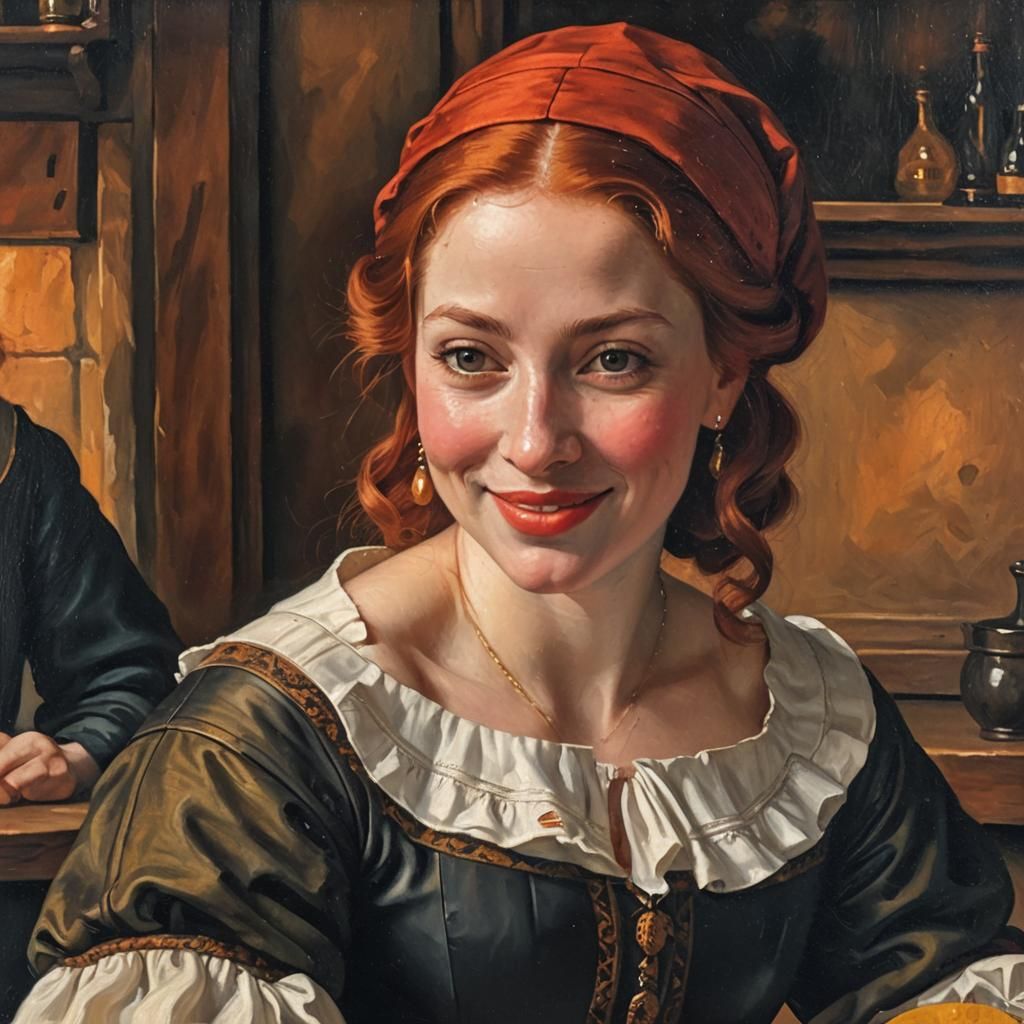 Beautiful Woman in Tavern, Vermeer Style Portrait
