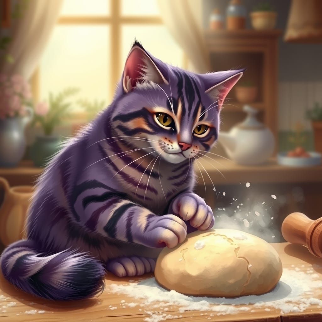 A whimsical realistic purple tabby cat kneading dough to make biscuits with flour on his paws.