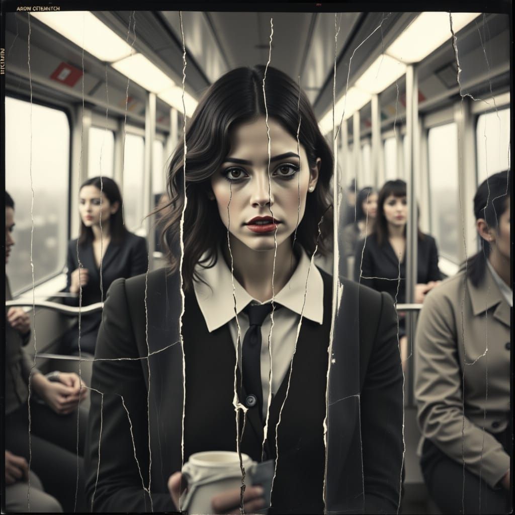 Girl on Train in Broken Glitch Art Style