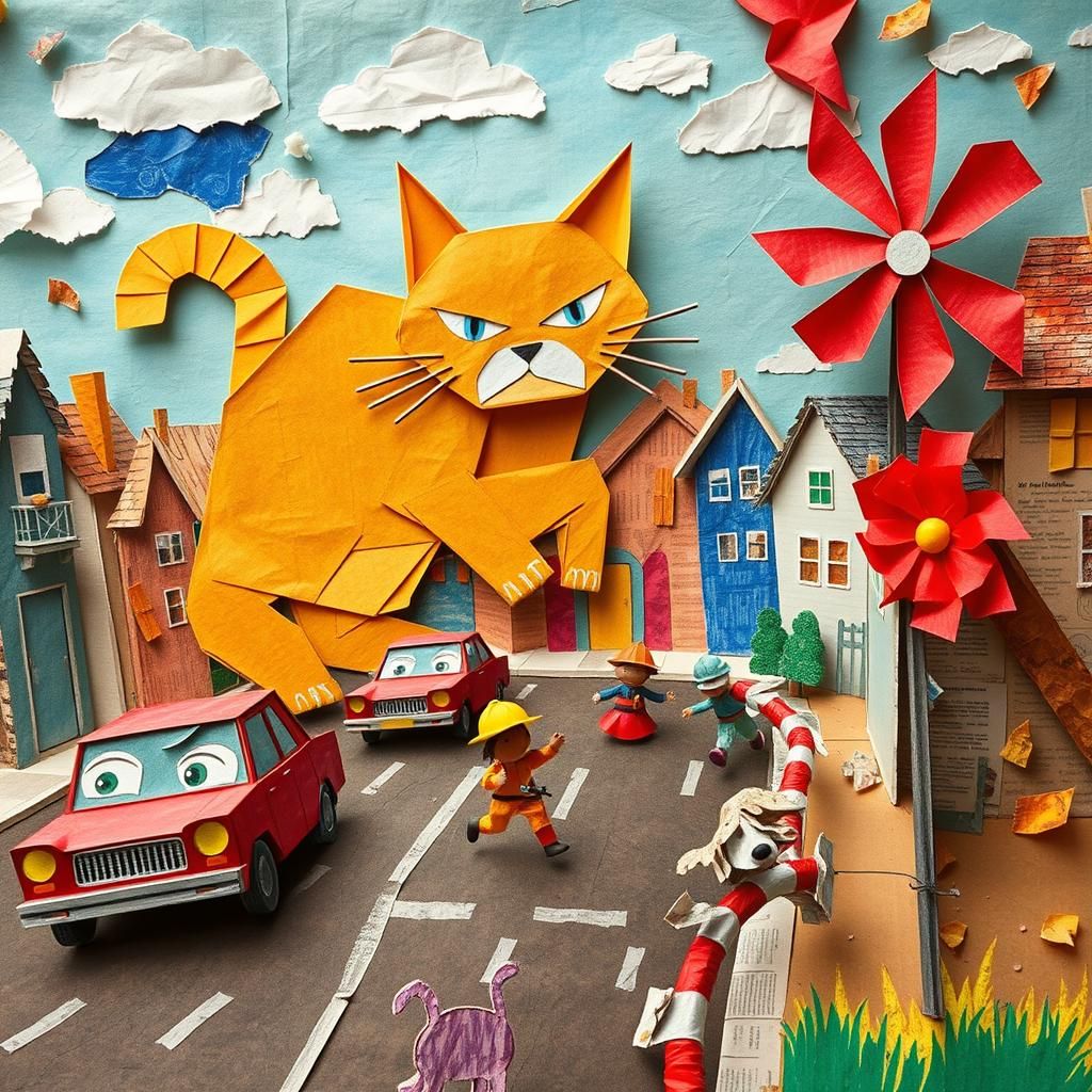 A chaotic paper town: a giant origami cat is chasing paper c...