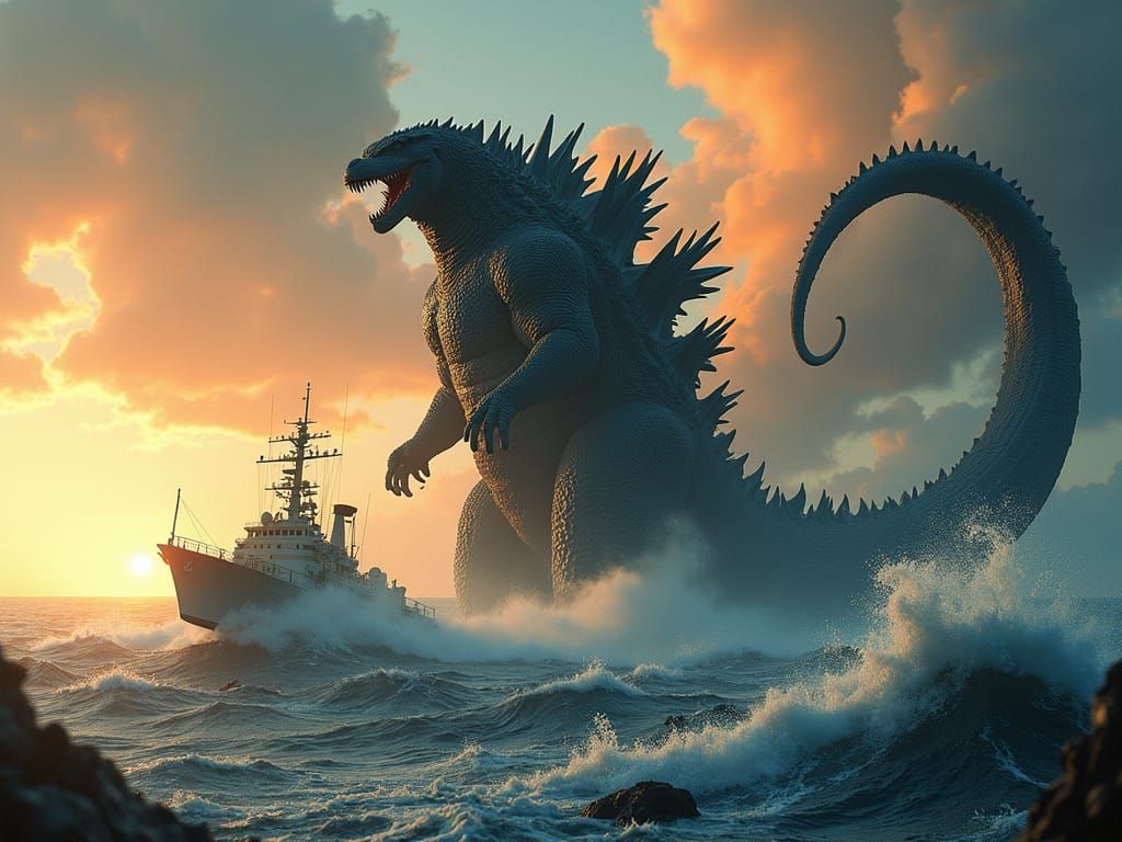 Godzilla Sinking Destroyer Ship in Toho Film Style