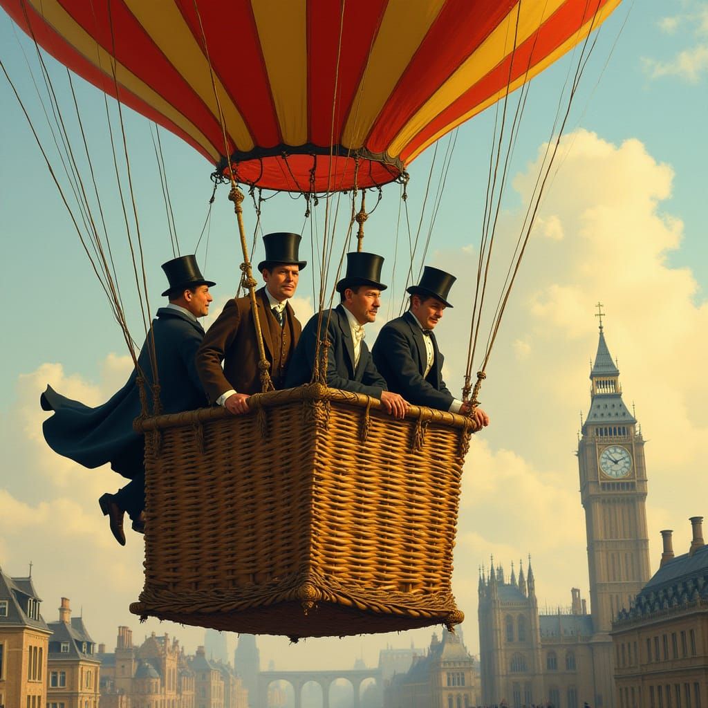 Victorian-Era Hot Air Balloon Over London in Dreamy Illustra...