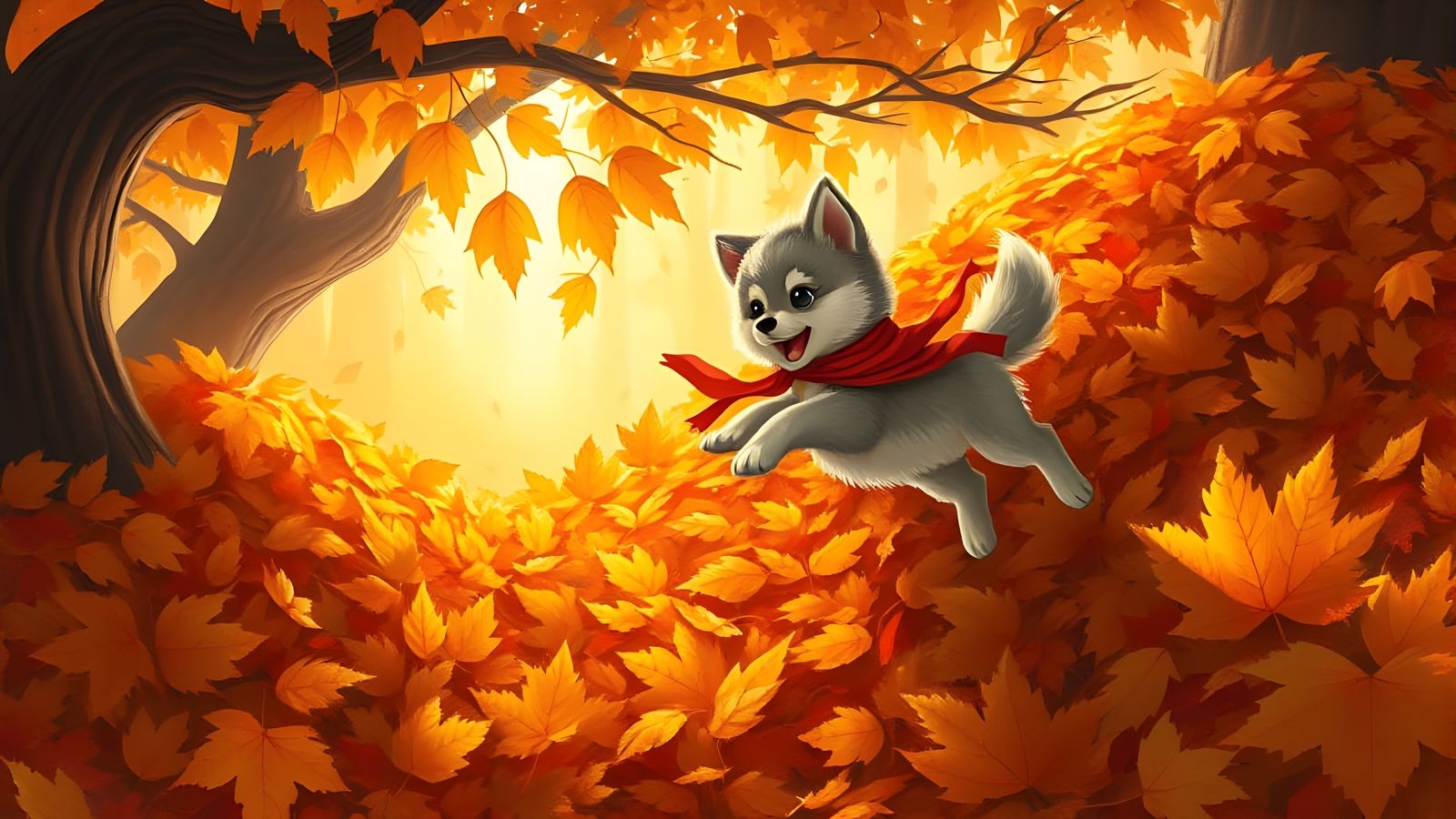 Wolf Puppy Leaping into Autumn Leaves