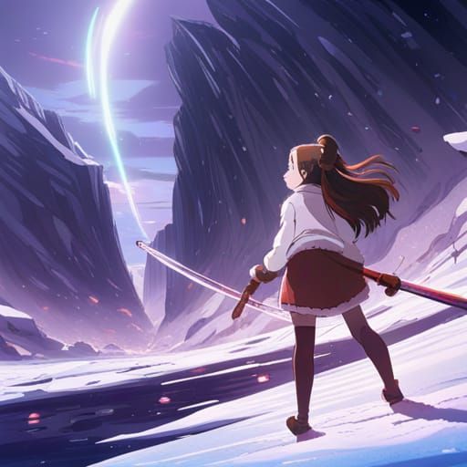 Floating Girl with Sword in Icy Anime Style